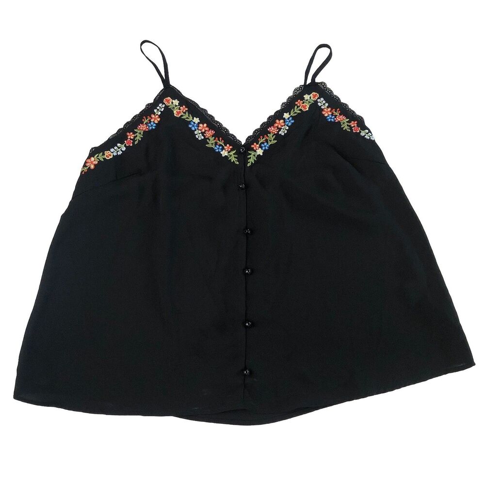 SHEIN CURVE Boho Embroidered Cami Tank Black Floral Lace Trim V-Neck Size 0XL